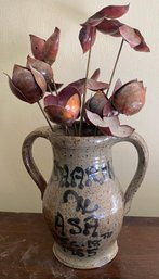 Two Handled Pottery Vase With Copper Flowers