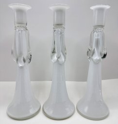 Set 3 Vintage Polish Hand Blown Tall White Glass Candle Holders