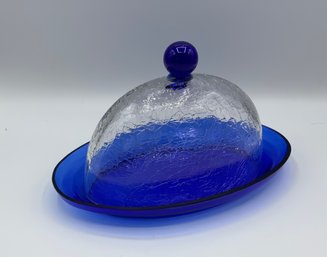 Vintage Cobalt Blue & Crackle Glass Butter Dish