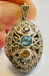 MULTI GEMSTONE STERLING SILVER MARCASITE LOCKET AS IS