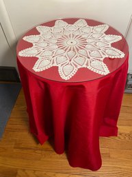 2 Decorative Wood Tables 20x25 Red Table Cloth Crocheted Star Glass Topper And One New In Box (NIB