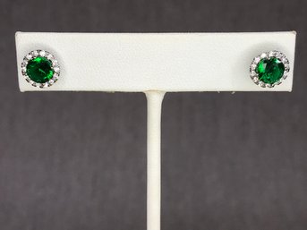 Wonderful Brand New Sterling Silver / 925 Emerald Earrings Encircled With Sparkling White Zircons - WOW !