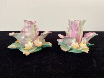 Pair Of Ceramic Floral Candleholders