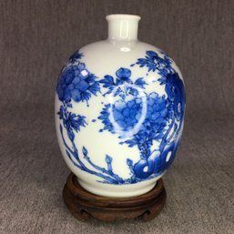Unusual Antique Asian / Meiji ? Porcelain Vase  In Clients Family 75 Years - On Carved Stand - Old Price Tag
