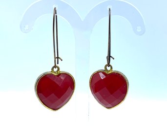 Goldtone Heart-shaped Drop Earrings W/ Faceted Red Stone