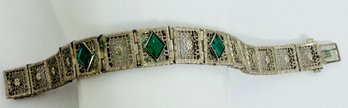 BEAUTIFUL ART DECO STERLING SILVER FILIGREE GREEN STONE BRACELET