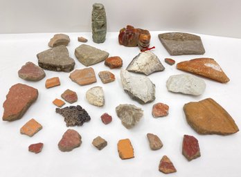 2 Carved Natural Stones & Over 25 Pre-Columbian Pottery Fragments, Mostly Labeled With Date Of Dig
