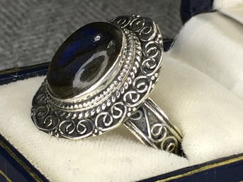 Vintage 925 / Sterling Silver Cocktail Ring - Very Ornate Sterling With Labradorite Cabochon - Very Nice !