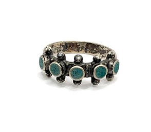 Vintage Sterling Silver Turquoise Color Inlay Ornate Ring, Size 4