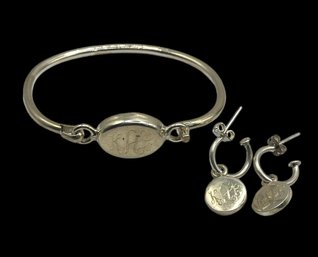 Vintage Set Of Sterling Silver Monogrammed Linked Bracelet And Earrings