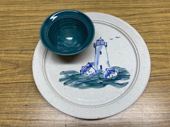 Great Bay Pottery North Hampton Glazed Clay Chip & Dip Lighthouse Plate With Attached Bowl. Perfect Condition.