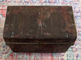 Vintage/Antique? England? Victorian- Style Metal Tole Trunk W/ Peeling Decoupage And Red Painted Inner Cabin