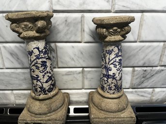Vintage French Candle Sticks Made From Concrete And  Antique Tile