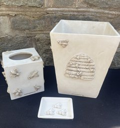 Hen Feathers Bee Adorned Bathroom Set With Waste Basket, Tissue Cover And Soap Dish