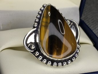 Fantastic Cocktail Ring - Sterling Silver / 925 - Quite Ornate - With Highly Polished Tiger Eye - Very Pretty