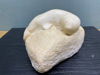 Vintage Limestone Carving Of Sea Lion Or Seal On Rock. Initials DZ On Bottom.  Beautiful Piece!