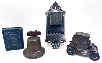 Antique Cast Iron Wall Mount Match Holder & 3 Coin Banks: Banthrico Ford Car, Book & Bell