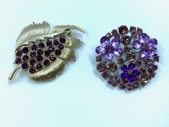 Two Large Brooches - Feb Birthday Stone Amethyst Brooches