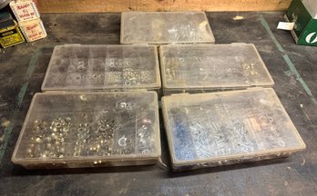 Five Plastic Cases With An Assortment Of Hardware - Nuts, Bolts, Washers, Wall Hanging Studs