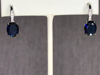 Fabulous Brand New - Sterling Silver / 925 Shepard Hook Earrings With Sapphire And Channel Set White Zircons