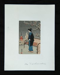 Small Format Japanese Edo Period Woodblock Of A Woman In Winter