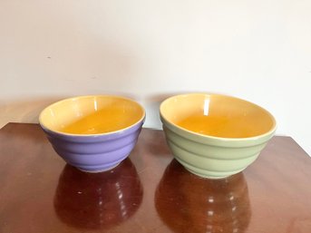 Two Colorful Ribbed Ceramic Mixing Bowls - Made In Portugal