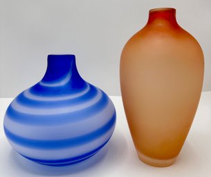 2 Vintage Polish Hand Blown Art Glass Vases