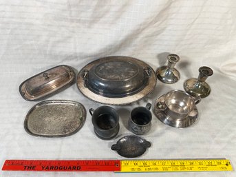 Silver Plate Collection Butter Dish Covered Serving Dish Candlestick Holders Cups Tray Ashtray