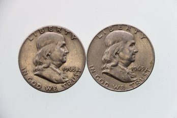 2 Franklin Silver Half Dollars 1963 1963 D Coins