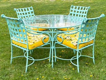 A Mid Century Glass Top Dining Table And Set Of 4 Cast Aluminum Chairs 'Florentine,' By Brown Jordan
