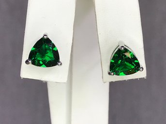 Adorable Brand New - Sterling Silver / 925 Emerald Triangular Earrings With Intense Deep Color - Very Nice !