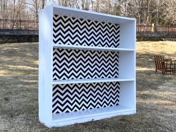 A Bespoke Painted Wood Bookcase With Lined Wallpaper Back!