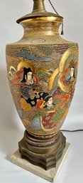 Vintage Japanese Satsuma Table Lamp With Genre Scenes In Relief