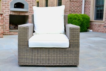 2of 4 Pottery Barn Torrey  Torrey Wicker Square Arm Swivel Outdoor Lounge Chair With White Cushions $1,499