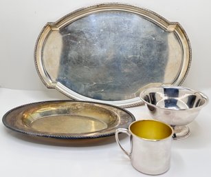 Pair Silverplated Trays, Pewter Paul Revere Style Bowl & Baby Cup