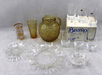 Vintage Glass Lot With Amber Pitcher