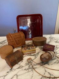 Square Wood Tray Woven Basket Purse Vintage Metal Trinket Box Stamps