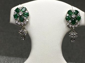 Gorgeous Brand New Sterling Silver / 925 Earrings With Emeralds And White Zircons - VERY Expensive Look !