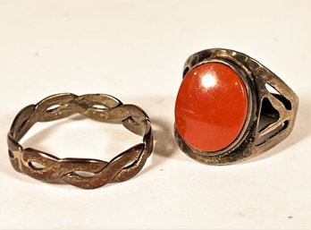 Vintage Lot Two Sterling Silver Rings Carnelian And Woven Band Size 4 & 7.5