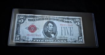 U.S. 1928 United States Note, Red Seal, Large $5, 95 Years Old!