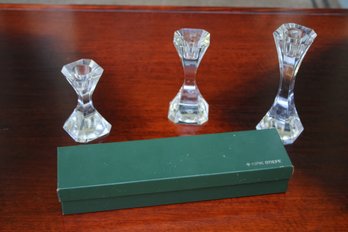 3 Villeroy Boch Crystal Candlesticks In 3 Graduated Sizes & Kirk Stieff Wood/ Metal Candle Stumper In Gift Box