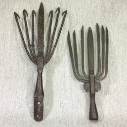 Two Fabulous Antique Hand Made Wrought Iron Eel Spears From Estate In Nantucket In 1960s - Cool Display Items