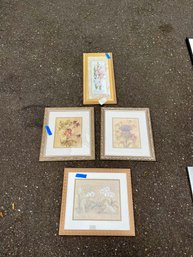 A Group Of Four Floral Prints In Wood Frames