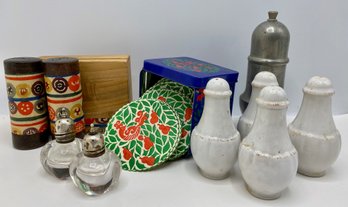 9 Salt & Pepper Shakers & Tin Box With Paper Coasters