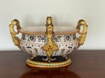 20TH CENTURY ITALIAN MAJOLICA FIGURAL CENTERPIECE. CHIMERA HANDLES