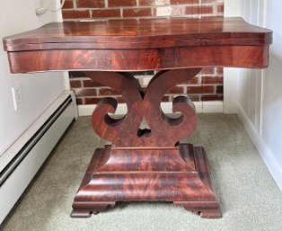 Early Empire Rectangular Base Flame Mahogany Flip Top - Open And Foldable Table.