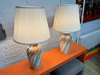 Pair Of 1970s Marbleized Iridescent Glaze Table Lamps, With Matching Ivory Shades