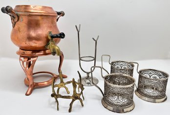 Vintage Copper Kettle On Stand (no Lid), Three Russian Filigree Cup Holders & More
