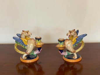 PAIR OF ANTIQUE VINTAGE ITALIAN FAIENCE GRIFFIN FIGURAL CANDLESTICKS