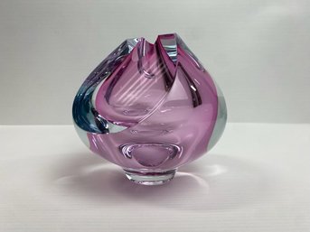 Modernist Pink & Clear Art Glass Vase, Signed Deeble